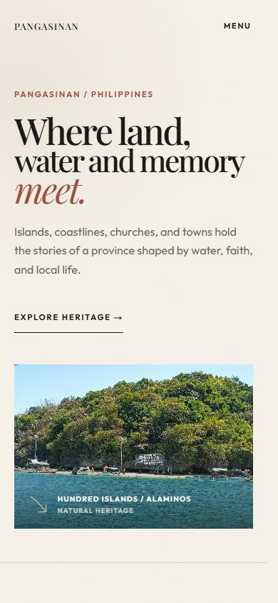 Pangasinan heritage homepage in its narrow mobile layout.
