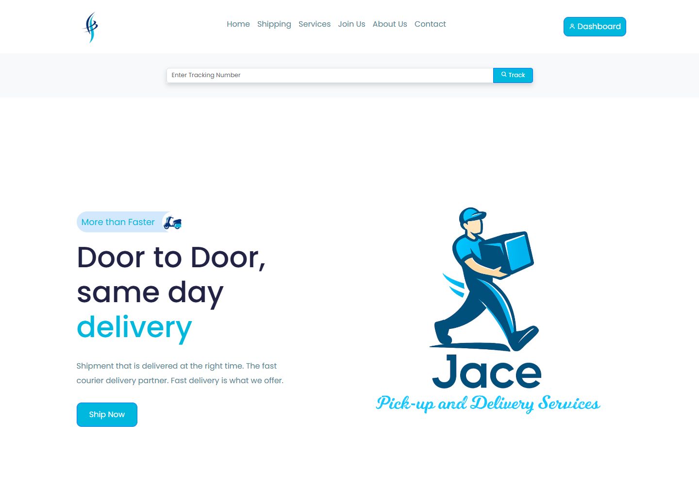 JaceTrack landing-page prototype with a tracking field, delivery illustration, and Ship Now call to action.