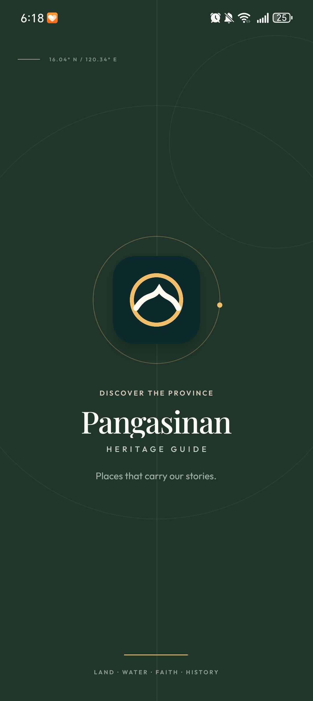 Pangasinan Heritage Guide opening screen with a forest-green background and gold identity mark.