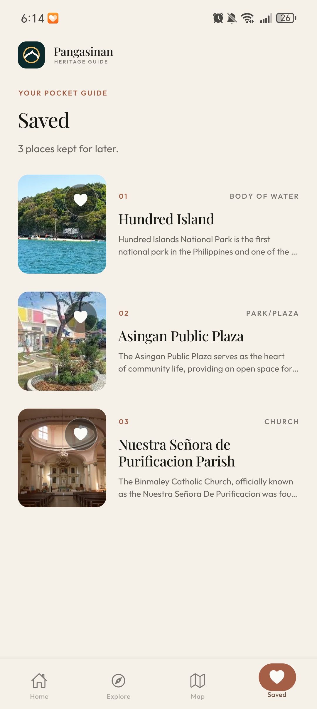 Saved places screen with three destinations and filled heart controls.