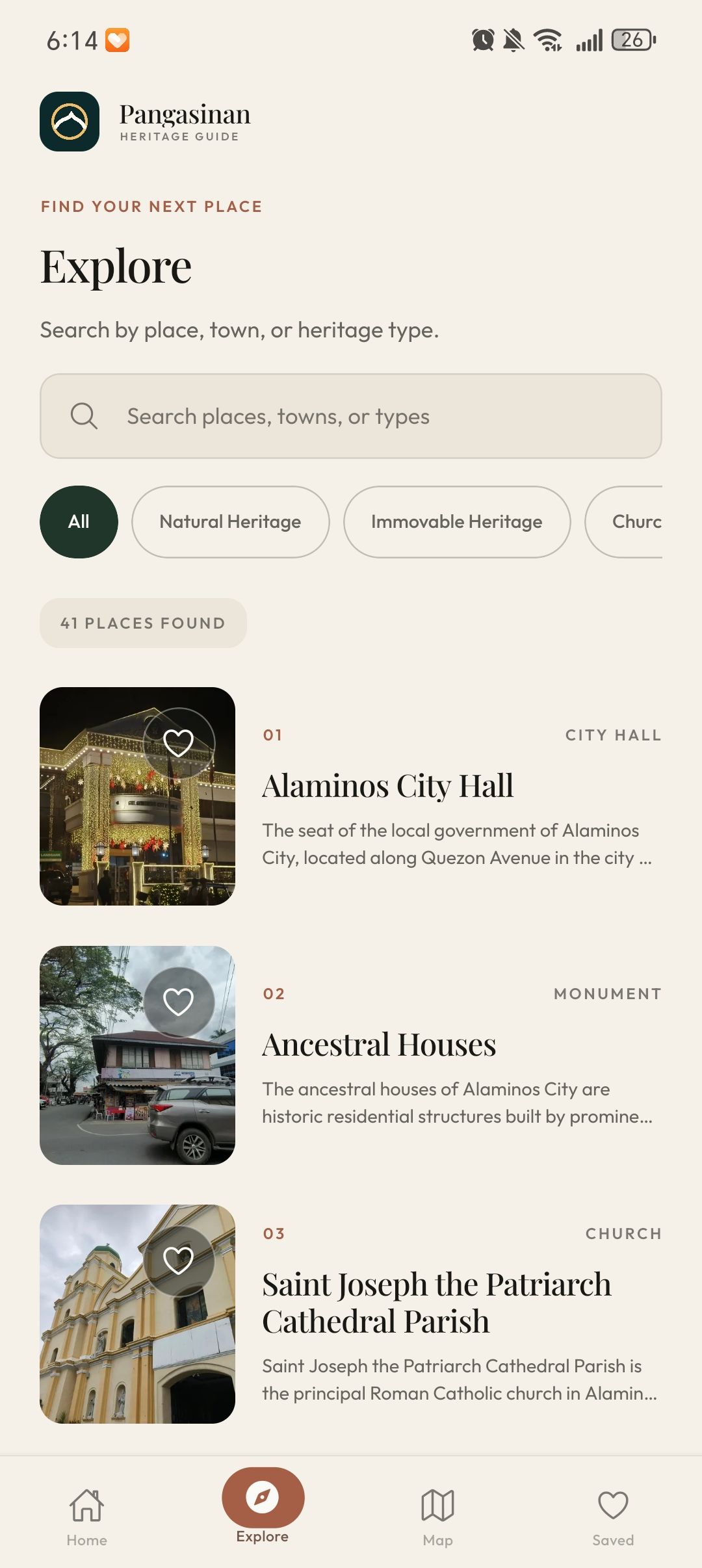 Searchable heritage collection with category filters and a list of places including Alaminos City Hall.