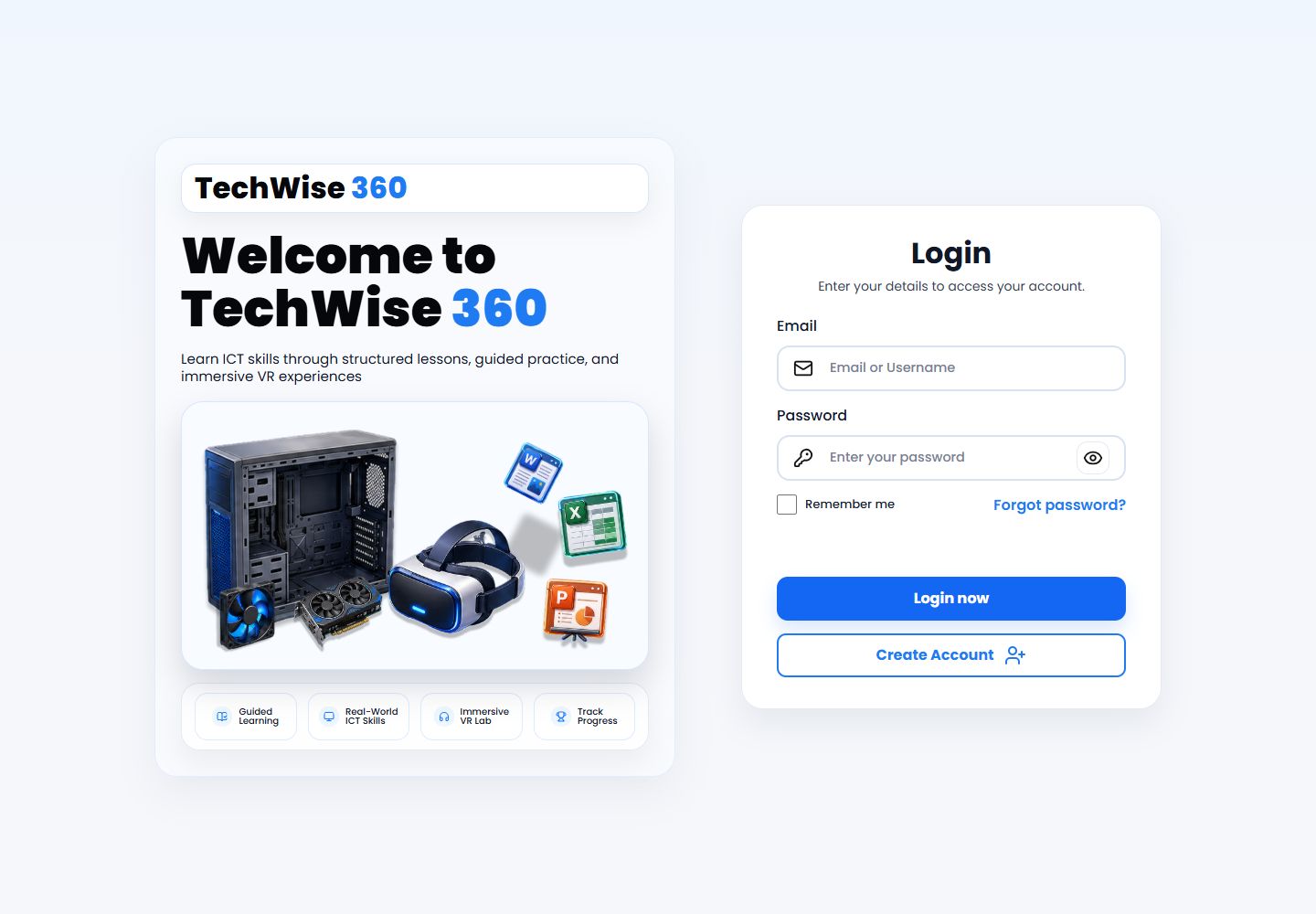 TechWise 360 sign-in interface with an illustrated learning introduction, email and password fields, and account creation.